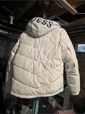 Guess White Quilted Puffer Jacket with Logo Hood